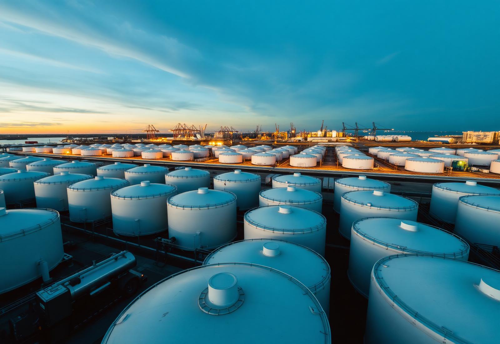 Industrial storage tank farm at dusk