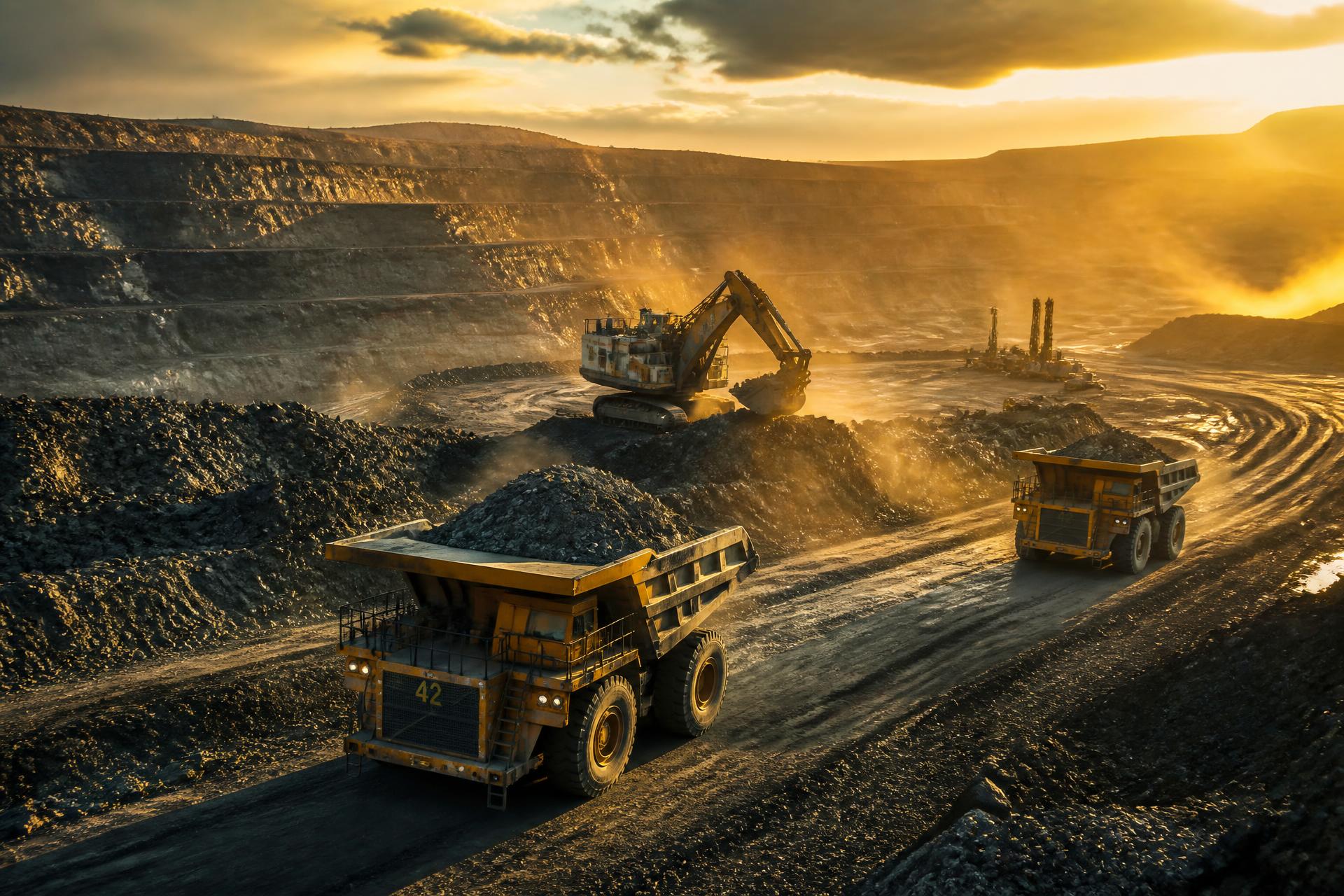 Heavy mining operation at golden hour